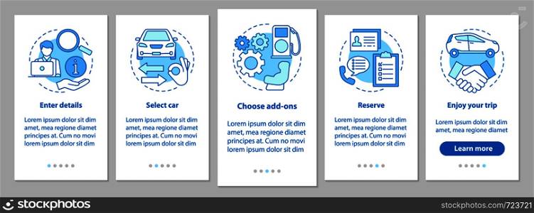 Car rental service onboarding mobile app page screen with linear concepts. Auto leasing steps graphic instructions. Rent a car. UX, UI, GUI vector template with illustrations. Car rental service onboarding mobile app page screen with linear