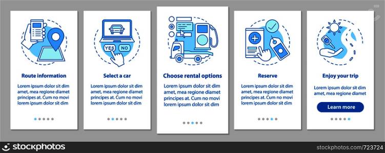 Car rental service onboarding mobile app page screen with linear concepts. Automobile leasing. Carpooling steps graphic instructions. Rent a car. UX, UI, GUI vector template with illustrations. Car rental service onboarding mobile app page screen with linear