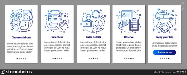 Car rental service onboarding mobile app page screen with linear concepts. Carpooling. Auto leasing steps graphic instructions. Rent automobile. UX, UI, GUI vector template with illustrations. Car rental service onboarding mobile app page screen with linear