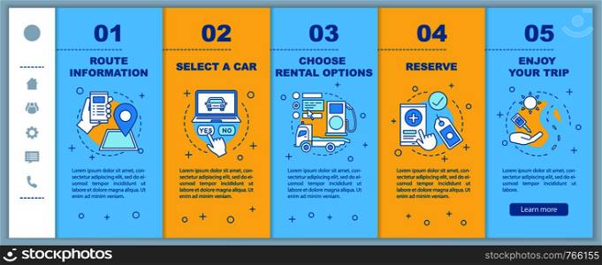 Car rental service onboarding mobile web pages vector template. Auto leasing. Rent a car. Responsive smartphone website interface idea with linear illustrations. Webpage walkthrough step screens. Car rental service onboarding mobile web pages vector template