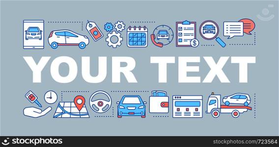 Car rental word concepts banner. Rent automobile. Auto leasing. Auto workshop. Taxi service. Isolated lettering typography idea with linear icons. Vector outline illustration. Car rental word concepts banner