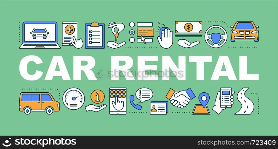 Car rental word concepts banner. Rent automobile. Auto leasing. Car pooling. Taxi service. Isolated lettering typography idea with linear icons. Vector outline illustration. Car rental word concepts banner