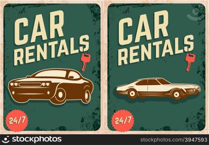 Car rentals poster design templates with retro cars. Retro car on grunge background. Vector illustration.