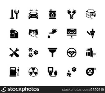Car repair and maintenance vector silhouette icons set. Car service. Tool, diagnostics, piston, chip, glass repair, replacement, topping up, injector and much more. Collection of car service icons.