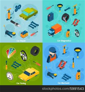 Car Repair And Tuning Isometric Icons. Car mechanic diagnostics repair and tuning isometric icons set isolated vector illustration
