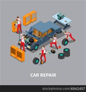 Car Repair Auto Center Isometric Composition . Automobile repair shop with car undergoing maintenance service in garage isometric composition poster print abstract vector illustration