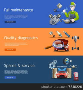 Car Repair Cartoon Banners Set. Car repair and diagnostics cartoon horizontal banners set with wash and gas isolated vector illustration