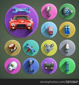 Car Repair Cartoon Icons Set. Car repair cartoon round shadow icons set with service and spare parts on grey background isolated vector illustration