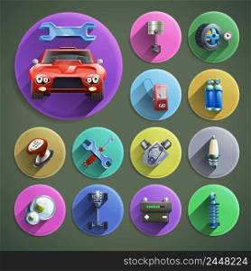 Car repair cartoon round shadow icons set with service and spare parts on grey background isolated vector illustration . Car Repair Cartoon Icons Set