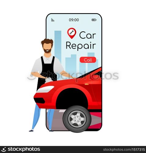 Car repair cartoon smartphone vector app screen. Mobile phone display with flat character design mockup. Auto workshop. Professional automobile maintenance service application telephone interface