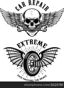 Car repair emblems. Wheel with wings. Skull with wings and wrench. Design element for logo, label, emblem, sign, badge,t shirt. Vector illustration
