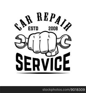 Car repair. Fist with wrench. Design element for logo, emblem, sign, poster, t shirt. Vector illustration