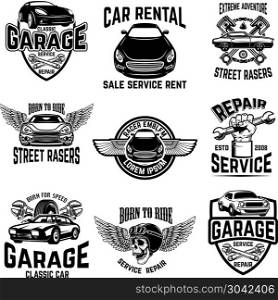 Car repair, garage, auto service emblems. Design elements for logo, label, sign. Vector image. Car repair, garage, auto service emblems. Design elements for logo, label, sign.