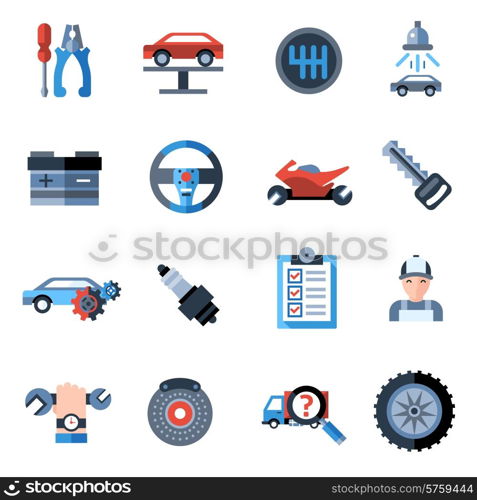 Car repair icons set with mechanic service and garage tools isolated vector illustration