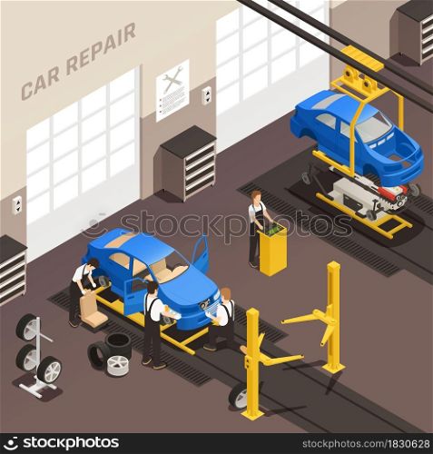 Car repair maintenance autoservice station isometric colored composition with employees change wheels at a car repair shop vector illustration. Car Repair Maintenance Autoservice Station Isometric Colored Composition