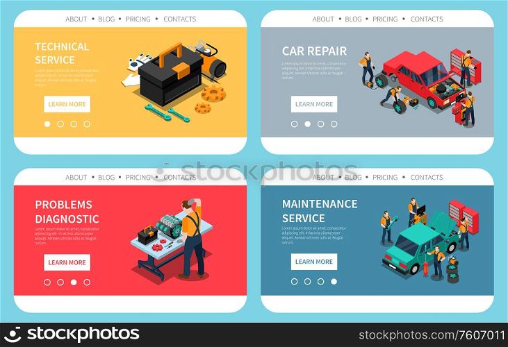 Car repair maintenance problem diagnostic parts replacement technical service 4 colorful isometric compositions website design vector illustration