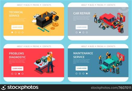 Car repair maintenance problem diagnostic parts replacement technical service 4 colorful isometric compositions website design vector illustration