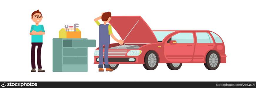 Car repair. Man in auto service with vehicle. Mechanic in uniform looking into transport body vector concept. Auto mechanic repair car, service garage illustration. Car repair. Man in auto service with vehicle. Mechanic in uniform looking into transport body vector concept