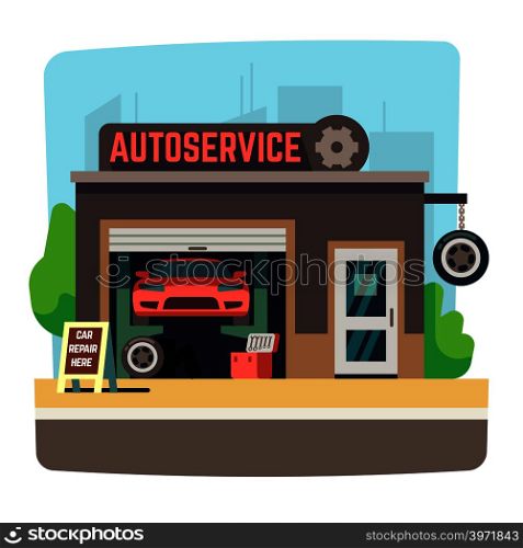 Car repair mechanic shop with automobile inside auto garage vector illustration. Auto service repair garage. Car repair mechanic shop with automobile inside auto garage vector illustration