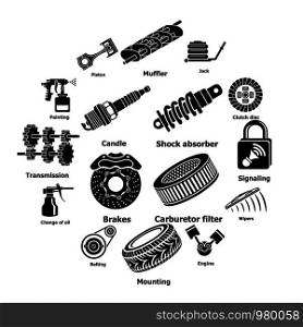 Car repair parts icons set. Simple illustration of 16 car repair parts vector icons for web. Car repair parts icons set, simple style