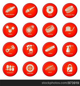 Car repair parts icons set vector red circle isolated on white background . Car repair parts icons set red vector