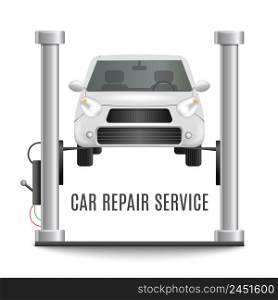 Car repair realistic composition with front view image of auto lift platform with car and text caption vector illustration. Car Lifting Platform Composition
