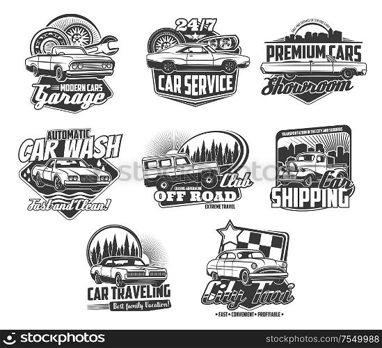 Car repair, rent and wash services isolated monochrome icons. Vector garage station and vehicle maintenance 24h, showroom of premium autos. Offroad extreme travel trucks, cars shipping and city taxi. Vehicles repair, wash, rent and taxi service