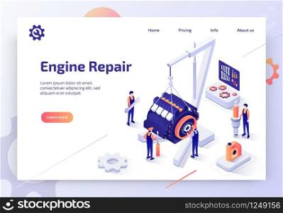Car Repair Service, Auto Diagnostic Center Isometric Vector Web Banner with Automotive Technicians Team Working to Repair Engine Illustration. Automobile Spare Parts Online Store Landing Page Template