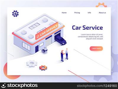 Car Repair Service, Auto Diagnostics Center, Automobile Maintenance Station Isometric Vector Web Banner, Landing Page. Worker Returning Keys from Repaired Vehicle to Car Owner Near Garage Illustration