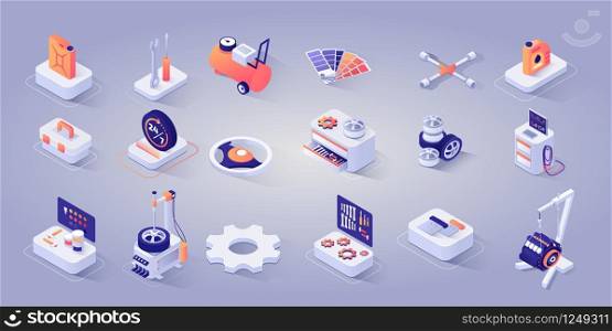 Car Repair Service Concept. Vector Isometric 3d Illustration. Icons Set of Tools, Instrument, Diagnostic Checkup Equipment, Tires, Gear, Steering Wheels, Oil or Gasoline Tank, Schedule Mode Signboard.. Diagnostic Checkup Equipment for Repair Service
