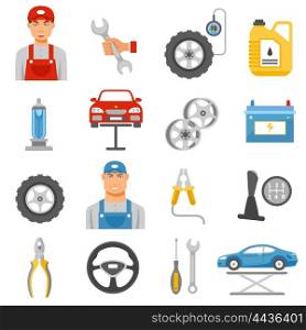 Car Repair Service Flat Icons Set . Car repair shop tools and accessories and auto service mechanic flat icons set abstract isolated vector illustration