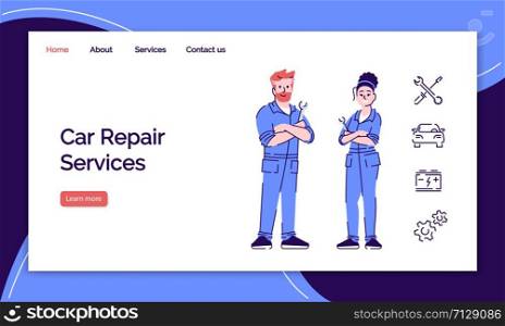 Car repair service landing page vector template. Auto workshop website interface with flat illustrations. Automobile maintenance homepage layout. Auto technician web banner, webpage cartoon concept