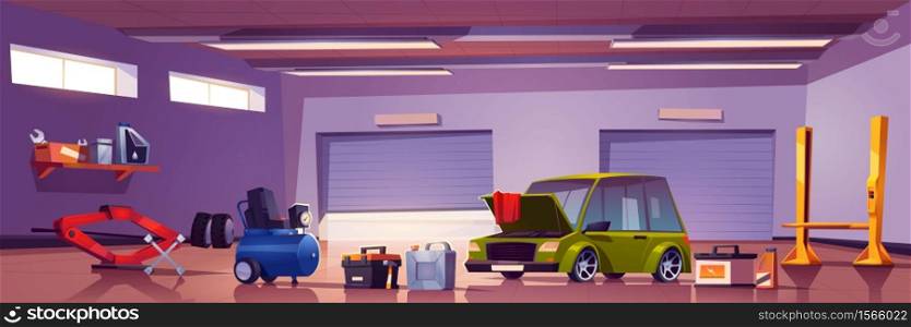 Car repair service mechanic garage with automobile and stuff for auto maintenance. Diagnostic center interior with tools, jack-screw, compressor, accumulator and lift, cartoon vector vehicle workshop. Car repair service mechanic box with automobile