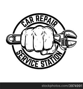 Car repair service station. Hand with adjustable wrench. Design element for logo, label, emblem, sign, poster, banner. card, t shirt. Vector image