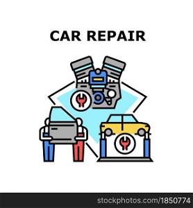 Car Repair Service Vector Icon Concept. Car Repair Service Workers Changing Door Body Part, Repairing Engine And Suspension In Garage. Mechanic Occupation In Workshop Color Illustration. Car Repair Service Concept Color Illustration