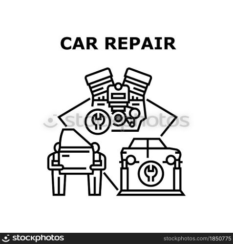 Car Repair Service Vector Icon Concept. Car Repair Service Workers Changing Door Body Part, Repairing Engine And Suspension In Garage. Mechanic Occupation In Workshop Black Illustration. Car Repair Service Concept Black Illustration