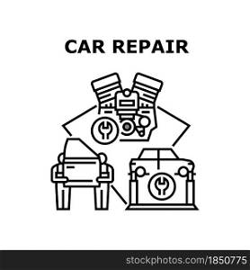 Car Repair Service Vector Icon Concept. Car Repair Service Workers Changing Door Body Part, Repairing Engine And Suspension In Garage. Mechanic Occupation In Workshop Black Illustration. Car Repair Service Concept Black Illustration