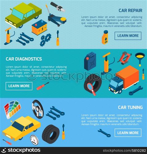Car Repair Tuning Isometric Banners Set. Car diagnostics repair and tuning with parts and consumables isometric horizontal banners set isolated vector illustration