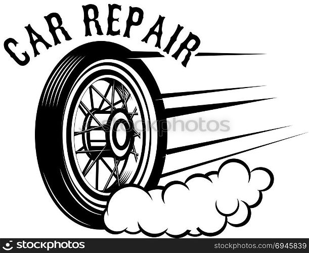 Car repair. Wheel with speed lines. Design element for logo, label, emblem, sign. Vector illustration