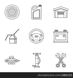 Car repairs icons set. Outline illustration of 9 car repairs vector icons for web. Car repairs icons set, outline style