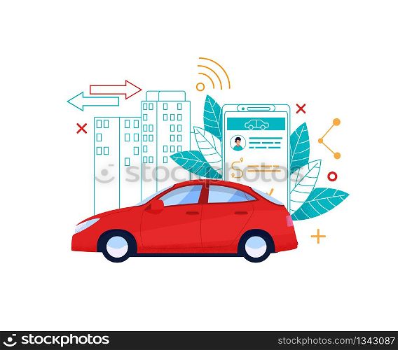 Car Reserve Service Flat Illustration. Sedan Automobile in City Layout. Economy Transfer and Mobility Concept. Line Style Building with Memphis Element. Sedan Booking via Smartphone for Traveling.. Car Service Flat Illustration. Cab Online Reserve
