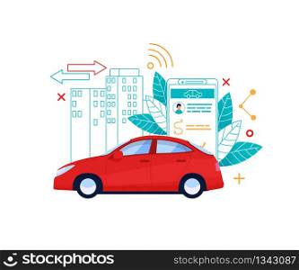 Car Reserve Service Flat Illustration. Sedan Automobile in City Layout. Economy Transfer and Mobility Concept. Line Style Building with Memphis Element. Sedan Booking via Smartphone for Traveling.. Car Service Flat Illustration. Cab Online Reserve