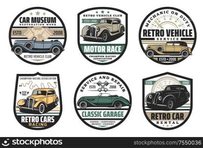 Car restoration and motor race, retro vehicles museum isolated icons. Vector vintage vehicle exhibition, motocross championship racing. Garage service, rental and repair, mechanic on duty. Vehicles rent repair restoration car service