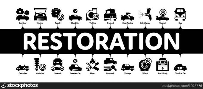 Car Restoration Repair Minimal Infographic Web Banner Vector. Classic And Crashed Car Restoration, Painting Body And Fixing Engine, Wheel And Details Illustrations. Car Restoration Repair Minimal Infographic Banner Vector