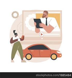 Car review video abstract concept vector illustration. Car review, test-drive video channel, online auto advertising, comparing features, model information, features overview abstract metaphor.. Car review video abstract concept vector illustration.