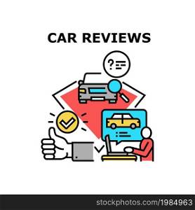 Car Reviews Vector Icon Concept. Car Reviews Searching And Reading Customer In Internet. Automobile Characteristics And Feedback Client Search And Read Online. Approving Choice Color Illustration. Car Reviews Vector Concept Color Illustration