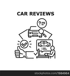 Car Reviews Vector Icon Concept. Car Reviews Searching And Reading Customer In Internet. Automobile Characteristics And Feedback Client Search And Read Online. Approving Choice Black Illustration. Car Reviews Vector Concept Black Illustration