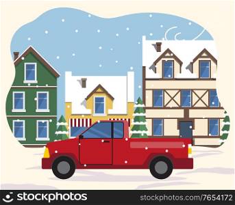 Car riding on streets of old town in winter. Snowing weather in city with vintage buildings exteriors. Cityscape with snowing weather and bad conditions. Skyline in wintertime, vector in flat style. Cityscape in Winter, City Street with Red Pickup