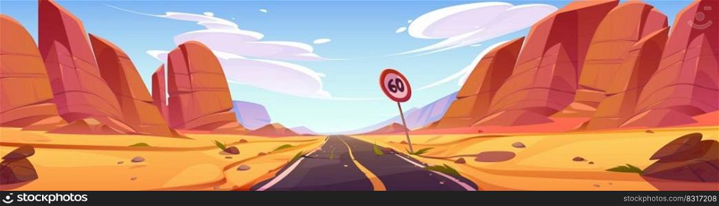 Car road in desert with sand and mountains. Western desert landscape with orange rocks and old asphalt highway with speed limit sign, vector cartoon illustration. Car road in desert with sand and mountains