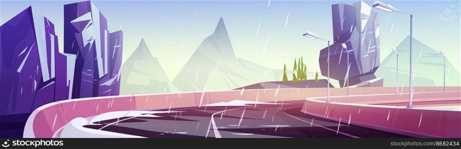 Car road in mountains at winter. Vector cartoon landscape of rocks and highway with street lamps and concrete fencing. Illustration of overpass road with cement barrier and snow. Car road in mountains at winter